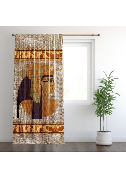 Kleopatra, Eskitme Görünümlü, Krem, Sarı, Kahverengi, Oturma Odası, Salon, Fon Perde - 1 Kanat