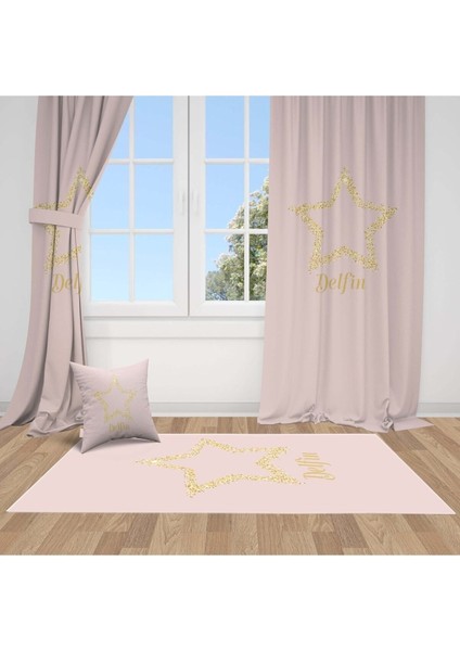 Parlayan Altın Yıldız, Pembe, Sarı, Ithal Kumaş, Çocuk ve Bebek Odası Fon Perde - 1 Kanat