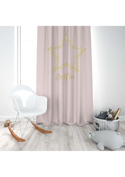 Parlayan Altın Yıldız, Pembe, Sarı, Ithal Kumaş, Çocuk ve Bebek Odası Fon Perde - 1 Kanat modelleri