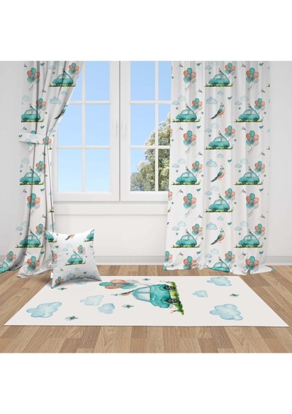 Sulu Boya Efektli, Turkuaz Arabalar, Ithal Kumaş, Çocuk ve Bebek Odası Fon Perde - 1 Kanat