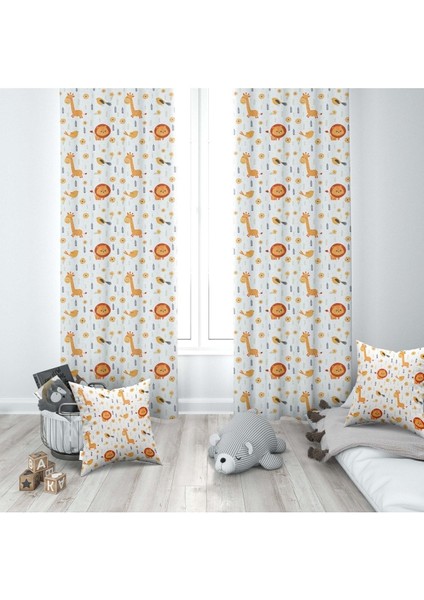 Minik Aslan ve Zürafa, Beyaz, Turuncu, Ithal Kumaş, Çocuk ve Bebek Odası Fon Perde - 1 Kanat