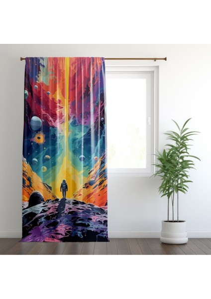 3D Uzay Temalı, Modern, Yeşil, Pembe, Sarı, Oturma Odası, Salon, Fon Perde - 1 Kanat