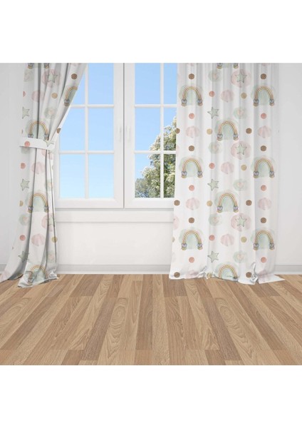 Kalpli Gökkuşağı ve Yıldızlar, Beyaz, Sarı, Ithal Kumaş, Çocuk ve Bebek Odası Fon Perde -1 Kanat modelleri