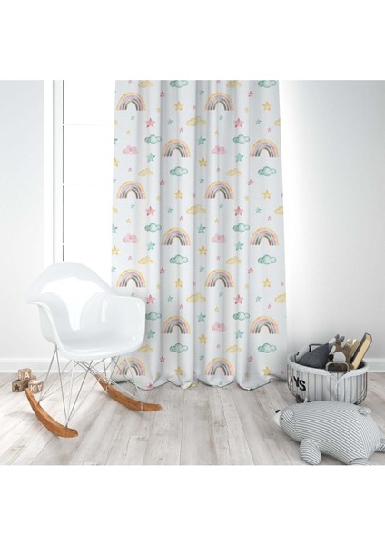 Suluboya Efektli, Gökkuşağı, Beyaz, Sarı, Ithal Kumaş, Çocuk ve Bebek Odası Fon Perde - 1 Kanat modelleri