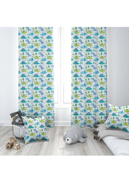 Yeşil, Mavi, Dinazorlar, Ithal Kumaş, Çocuk ve Bebek Odası Fon Perde - 1 Kanat