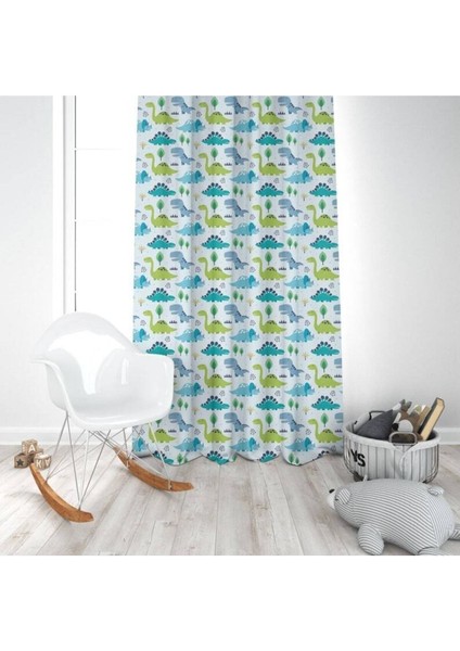Yeşil, Mavi, Dinazorlar, Ithal Kumaş, Çocuk ve Bebek Odası Fon Perde - 1 Kanat modelleri