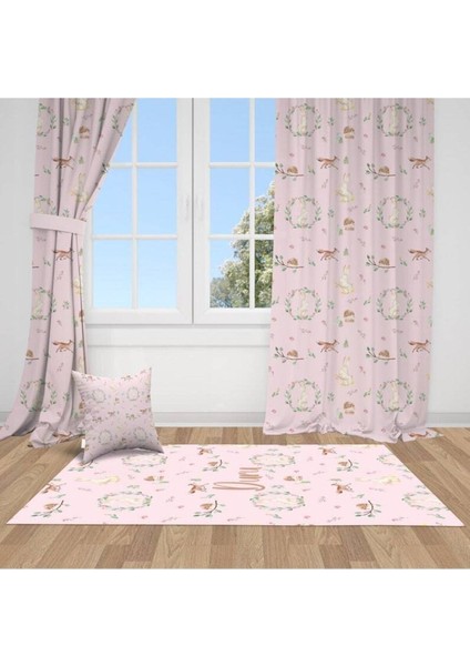 Taç Çiçekli, Açık Pembe, Geyikler, Ithal Kumaş, Çocuk ve Bebek Odası Fon Perde - 1 Kanat