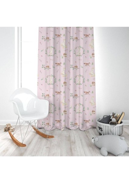 Taç Çiçekli, Açık Pembe, Geyikler, Ithal Kumaş, Çocuk ve Bebek Odası Fon Perde - 1 Kanat modelleri
