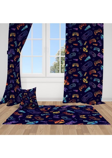 Joystick Oyun Kolu 2, Siyah, Mavi, Sarı, Çocuk ve Bebek Odası Fon Perde - 1 Kanat