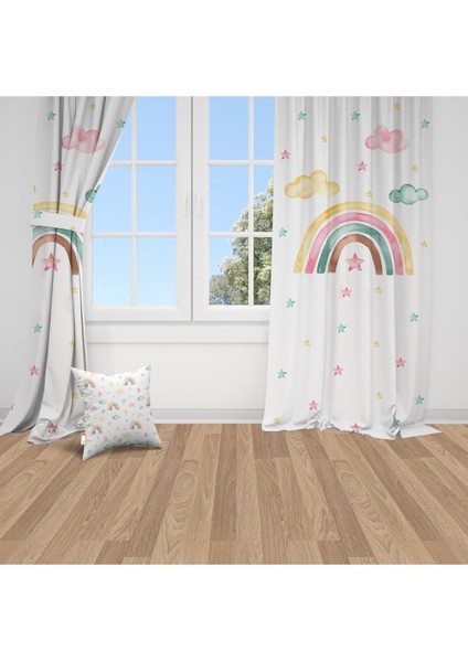 Sulu Boya Efektli, Gökkuşağı, Beyaz, Pembe, Ithal Kumaş, Çocuk ve Bebek Odası Fon Perde - 1 Kanat