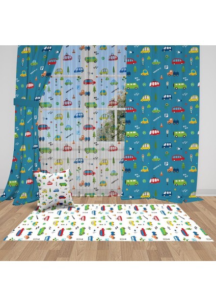Mavi Arabalar, Ithal Kumaş, Çocuk ve Bebek Odası Fon Perde - 1 Kanat
