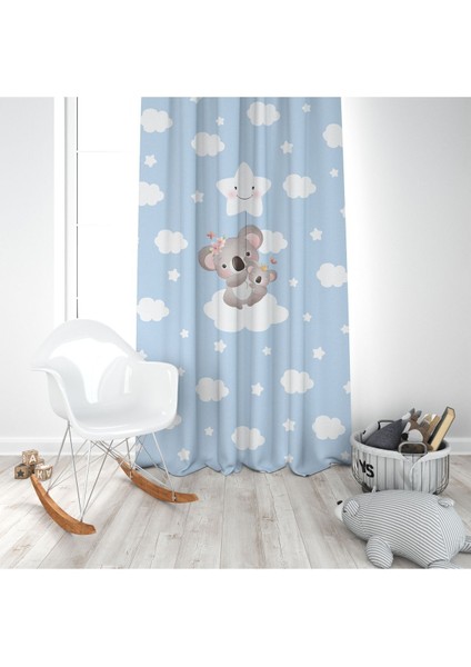 Yıldız Tutan Koala, Mavi, Beyaz, Ithal Kumaş, Çocuk ve Bebek Odası Fon Perde - 1 Kanat modelleri