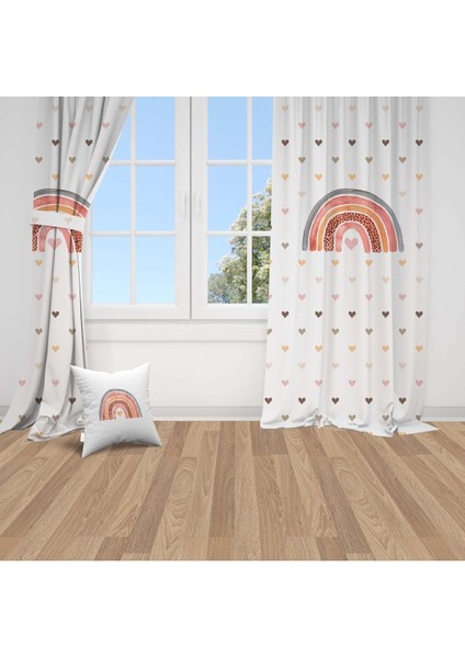 Gökkuşağı ve Kalp, Beyaz, Pembe, Ithal Kumaş, Çocuk ve Bebek Odası Fon Perde - 1 Kanat