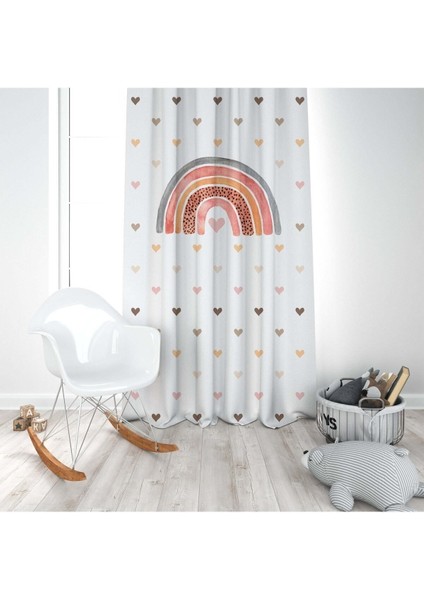 Gökkuşağı ve Kalp, Beyaz, Pembe, Ithal Kumaş, Çocuk ve Bebek Odası Fon Perde - 1 Kanat modelleri