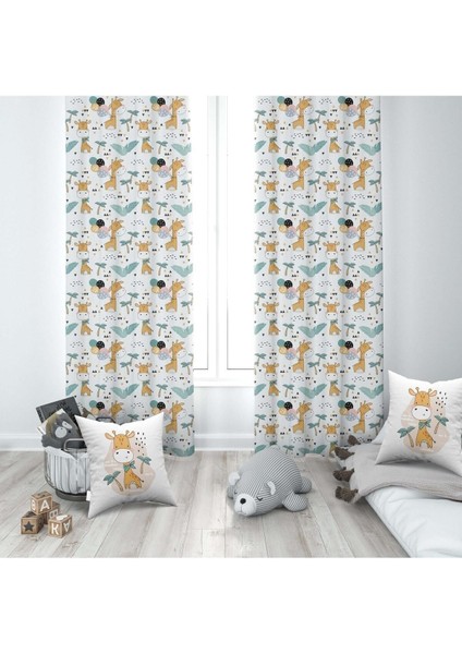 Küçük Zürafalar, Beyaz, Turuncu, Ithal Kumaş, Çocuk ve Bebek Odası Fon Perde - 1 Kanat