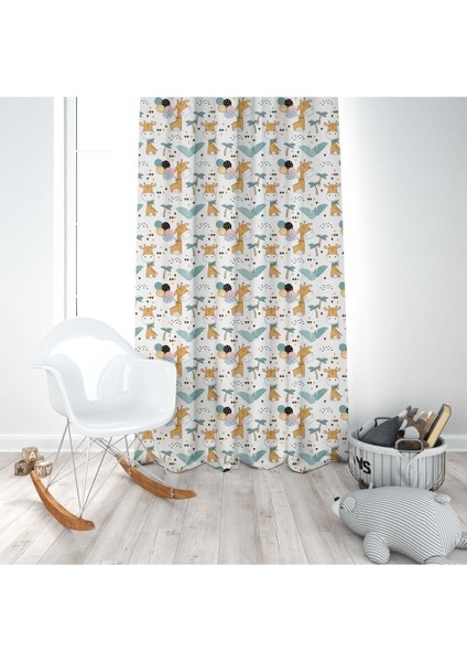 Küçük Zürafalar, Beyaz, Turuncu, Ithal Kumaş, Çocuk ve Bebek Odası Fon Perde - 1 Kanat modelleri