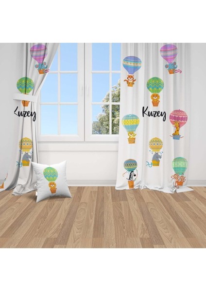 Safari Hayvanları Balonda, Beyaz, Mor, Ithal Kumaş, Çocuk ve Bebek Odası Fon Perde - 1 Kanat
