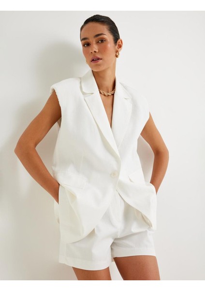 x Sima Tarkan - Keten Karışımlı Blazer Yelek Kruvaze Ters Yaka Kalça Boy Cepli 4SAK20118EW