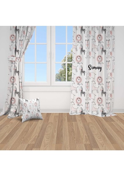 Iskandinav Safari Hayvanları, Beyaz, Ithal Kumaş, Çocuk ve Bebek Odası Fon Perde - 1 Kanat