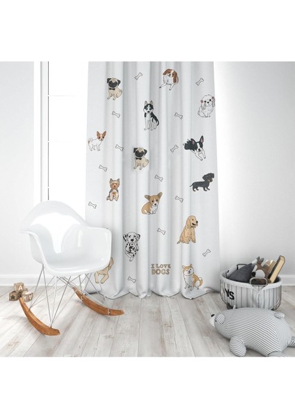 Yavru Köpekler, Beyaz, Siyah, Ithal Kumaş, Çocuk ve Bebek Odası Fon Perde - 1 Kanat modelleri