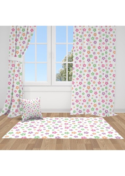 Renkli Çiçekler, Pembe, Mor, Yeşil, Ithal Kumaş, Çocuk ve Bebek Odası Fon Perde - 1 Kanat