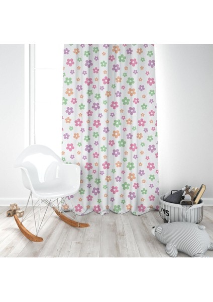 Renkli Çiçekler, Pembe, Mor, Yeşil, Ithal Kumaş, Çocuk ve Bebek Odası Fon Perde - 1 Kanat modelleri