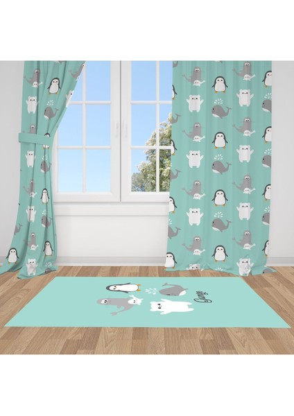 Yeşil, Sevimli Penguenler, Beyaz, Gri, Ithal Kumaş, Çocuk Odası, Bebek Odası Fon Perde - 1 Kanat