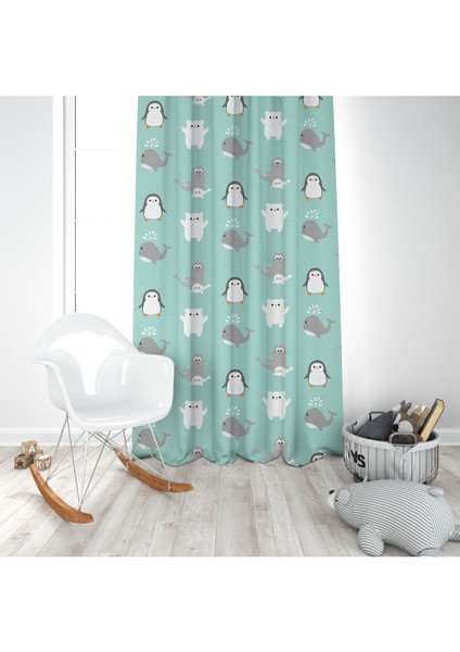 Yeşil, Sevimli Penguenler, Beyaz, Gri, Ithal Kumaş, Çocuk Odası, Bebek Odası Fon Perde - 1 Kanat modelleri