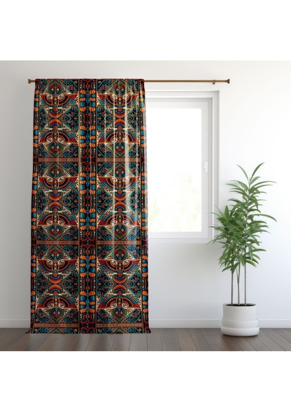 Etnik Figürlü Mısır, Kahverengi, Yeşil, Ithal Kumaş, Çalışma ve Oturma Odası, Fon Perde - 1 Kanat