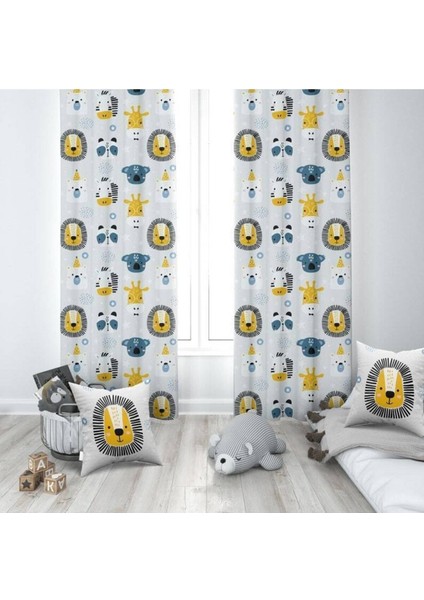 Safari Aslan, Gri, Ithal Kumaş, Çocuk ve Bebek Odası Fon Perde - 1 Kanat