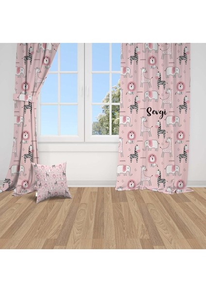 Pembe Iskandinav Hayvanları, Pembe, Ithal Kumaş, Çocuk ve Bebek Odası Fon Perde - 1 Kanat