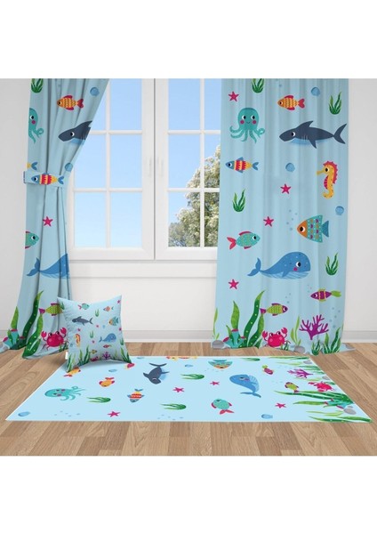 Mavi, Balıklar, Ithal Kumaş, Çocuk ve Bebek Odası Fon Perde - 1 Kanat