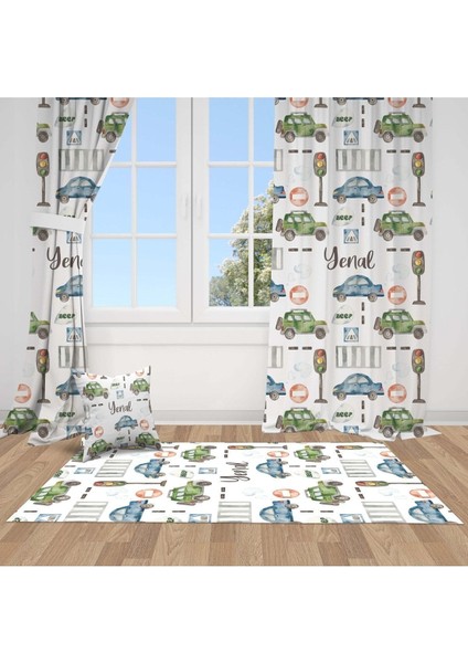 Sulu Boya Efektli, Mavi, Yeşil Arabalar, Çocuk ve Bebek Odası Fon Perde - 1 Kanat