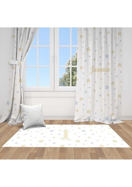 Altın Yıldızlar, Ithal Kumaş, Beyaz, Gold, Mavi Çocuk ve Bebek Odası Fon Perde - 1 Kanat