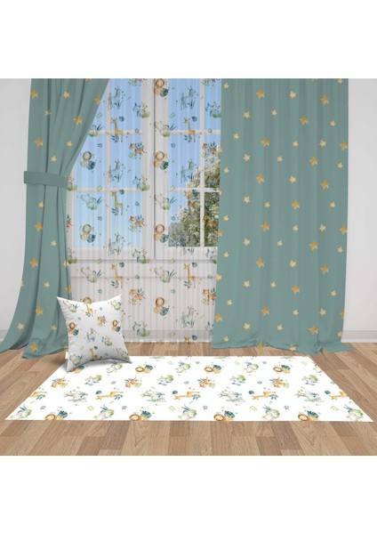 Yeşil, Gold, Yıldızlar, Ithal Kumaş, Çocuk ve Bebek Odası Fon Perde - 1 Kanat