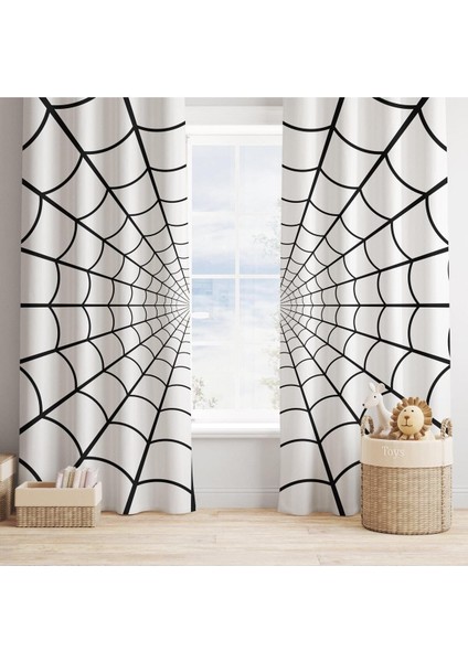 Örümcek Ağı, Beyaz, Siyah, Ithal Kumaş, Çocuk ve Bebek Odası Fon Perde - 1 Kanat