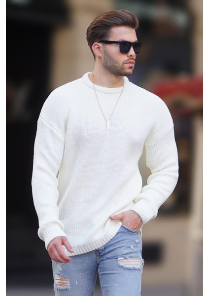 Kemik Rengi Bisiklet Yaka Uzun Kollu Örme Kazak 7246