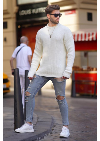 Kemik Rengi Bisiklet Yaka Uzun Kollu Örme Kazak 7246 modelleri