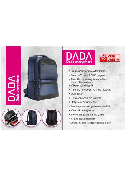 Dada-07 Laptop Usb'li Sırt Çantası Günlük Seyahat Tatil Spor Yürüyüş Seyahat Gezi Kamp Günlük