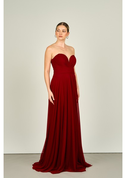 Kadın Straplez Uzun Abiye Elbise 5437021 Bordo modelleri