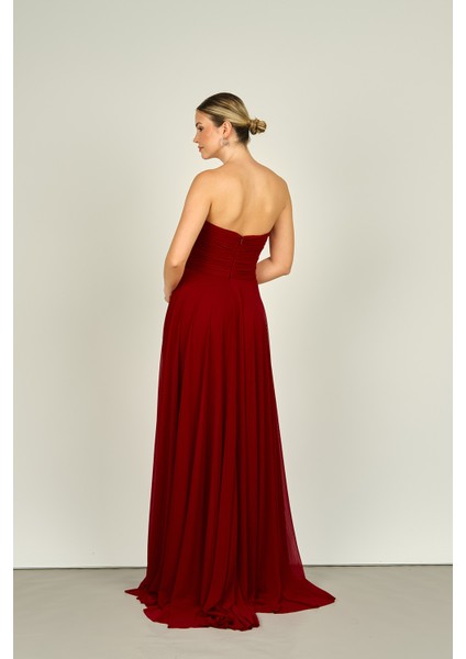 Kadın Straplez Uzun Abiye Elbise 5437021 Bordo fırsatları
