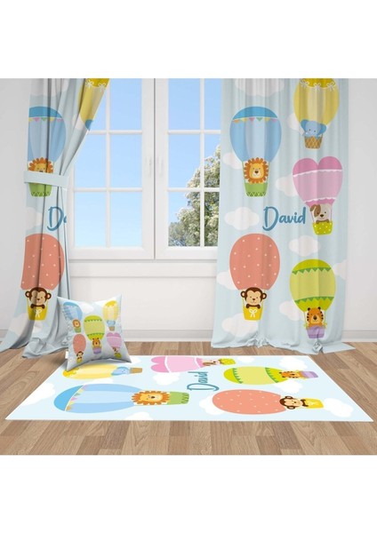 Renkli Balonlarda Hayvanlar, Pembe, Mavi, Ithal Kumaş, Çocuk ve Bebek Odası Fon Perde - 1 Kanat