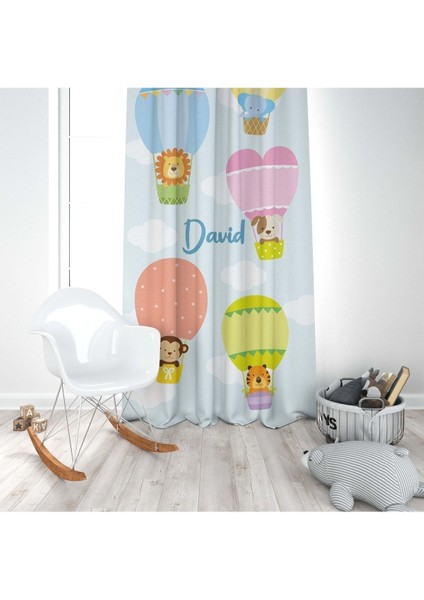 Renkli Balonlarda Hayvanlar, Pembe, Mavi, Ithal Kumaş, Çocuk ve Bebek Odası Fon Perde - 1 Kanat modelleri