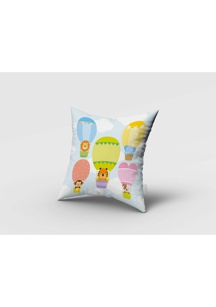 Renkli Balonlarda Hayvanlar, Pembe, Mavi, Ithal Kumaş, Çocuk ve Bebek Odası Fon Perde - 1 Kanat fırsatları