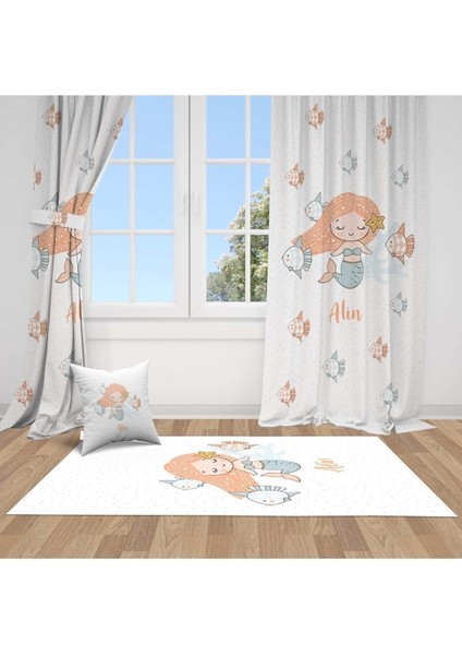 Deniz Kızı ve Balıklar, Ithal Kumaş, Çocuk ve Bebek Odası Fon Perde - 1 Kanat