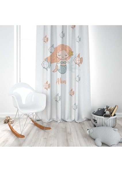 Deniz Kızı ve Balıklar, Ithal Kumaş, Çocuk ve Bebek Odası Fon Perde - 1 Kanat modelleri