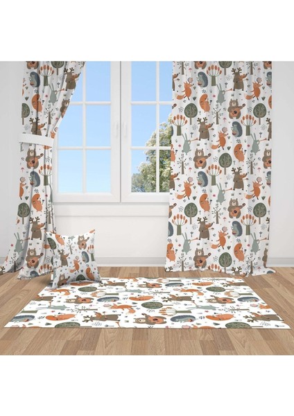 Müzisyen Orman Hayvanları, Beyaz, Kahverengi, Ithal Kumaş, Çocuk ve Bebek Odası Fon Perde - 1 Kanat