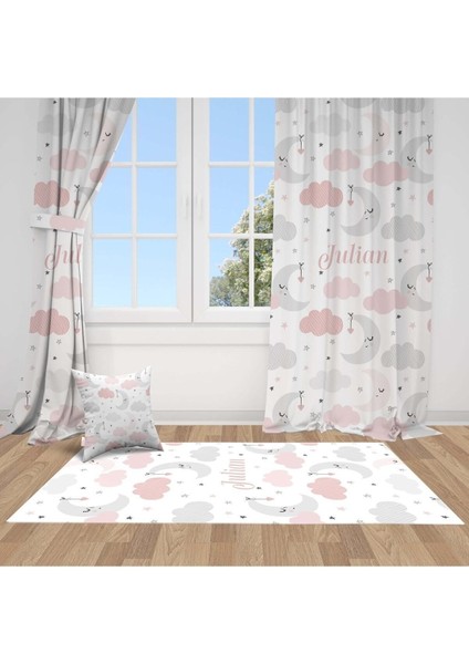 Pembe Ay, Beyaz, Pembe, Ithal Kumaş, Çocuk ve Bebek Odası Fon Perde - 1 Kanat