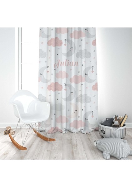 Pembe Ay, Beyaz, Pembe, Ithal Kumaş, Çocuk ve Bebek Odası Fon Perde - 1 Kanat modelleri