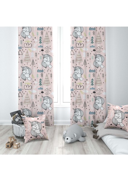 Pembe Unicorn Iı, Ithal Kumaş, Çocuk ve Bebek Odası Fon Perde - 1 Kanat